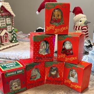Vintage 80’s hand painted gift present porcelin Festive Christmas Ornament Set